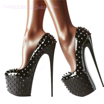 High Platform Black Pump Rivet Stiletto Heels Women Round Toe Sandals Sexy Pole Dance Patent Leather Matte Custom 46Size Shoes