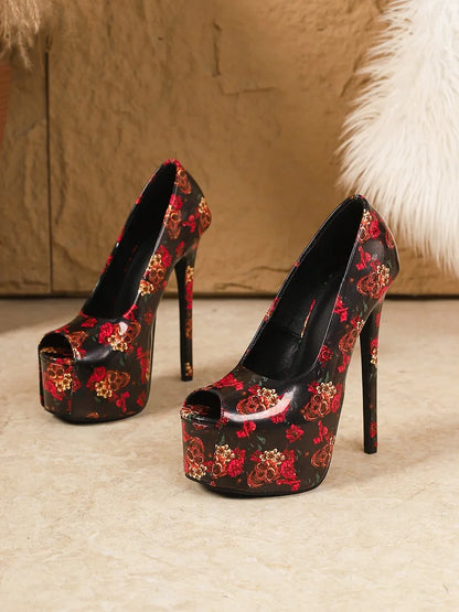 Eilyken New Sexy Print Flower Peep Toe Women Pumps Fashion Platform Stiletto High Heels Wedding Stripper Shoes