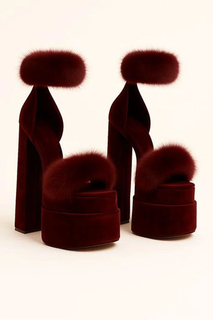 Green Velvet Platform Round-Toe Heels Faux Fur Accents Chunky Block Heel Open-Toe Design Fashion Luxe Thick High Heels for Lady