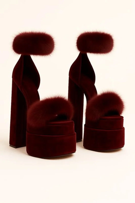 Green Velvet Platform Round-Toe Heels Faux Fur Accents Chunky Block Heel Open-Toe Design Fashion Luxe Thick High Heels for Lady