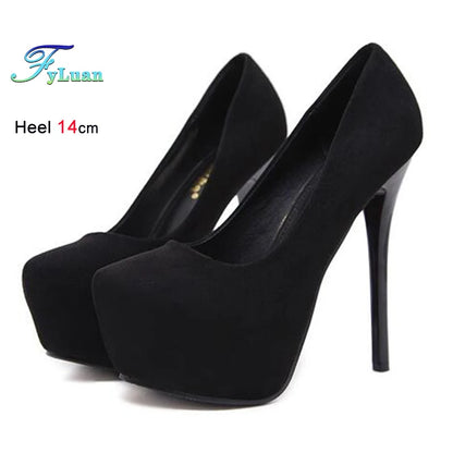High Heels 12cm 14cm Women Pumps Fashion Flock Round Toe Platform Wedding Single Shoes Casual Thin Heels Ladies Super High Heels