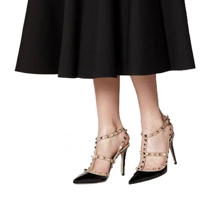 Rivet Decorated T-Strap High-Heeled Sandals with Pointed Toe and Stiletto Heels, Sexy Women's Shoes