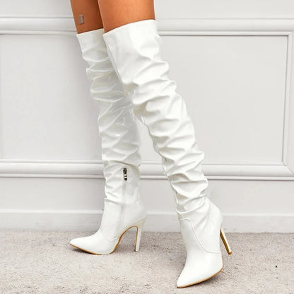 Aneikeh Fashion Pointed Toe Over The Knee Boots Women High Heels Patent Leather Solid Stiletto Side Zipper Sapatos Femininos
