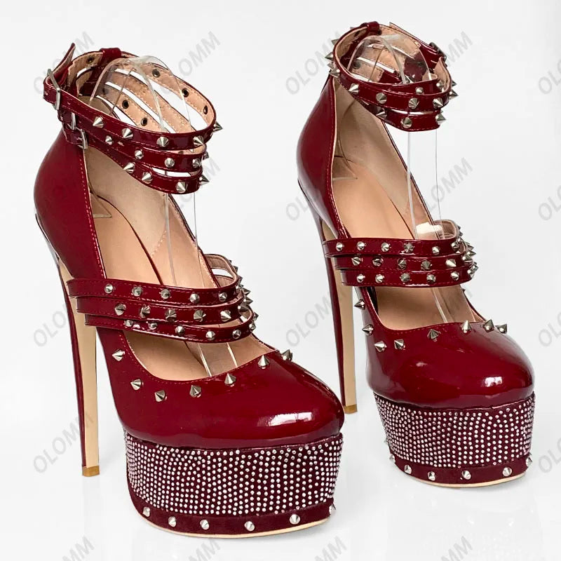Olomm Handmade Women Platform Pumps Sexy Rivets Stiletto High Heels Pumps Round Toe Pink Party Shoes Women Plus US Size 5-15